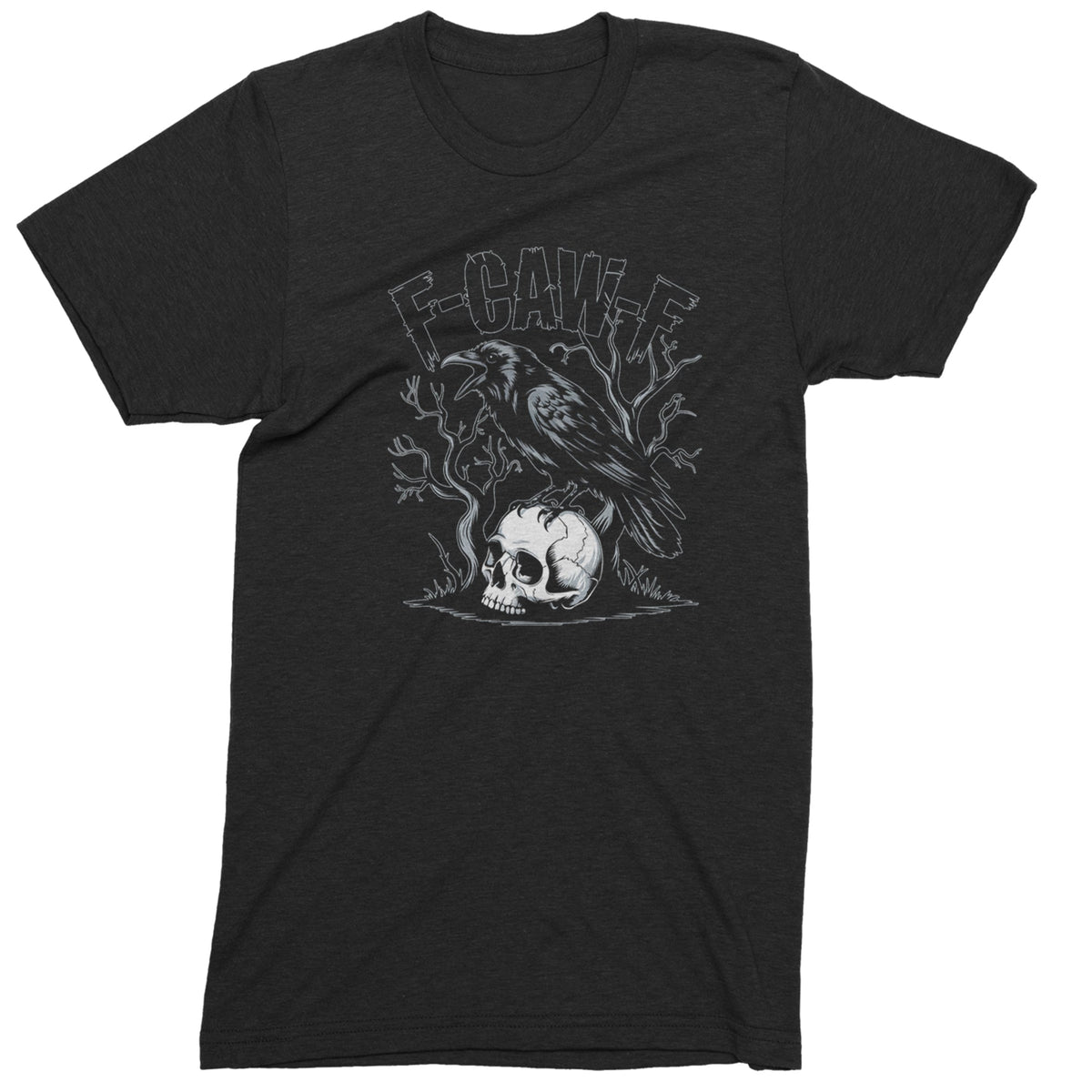 Black men’s T-shirt with F-CAW-F lettering above a crow perched on a skull among bare branches