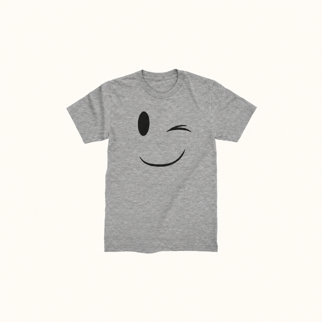 Centered heather grey men’s T-shirt with a complete black winking smile face design