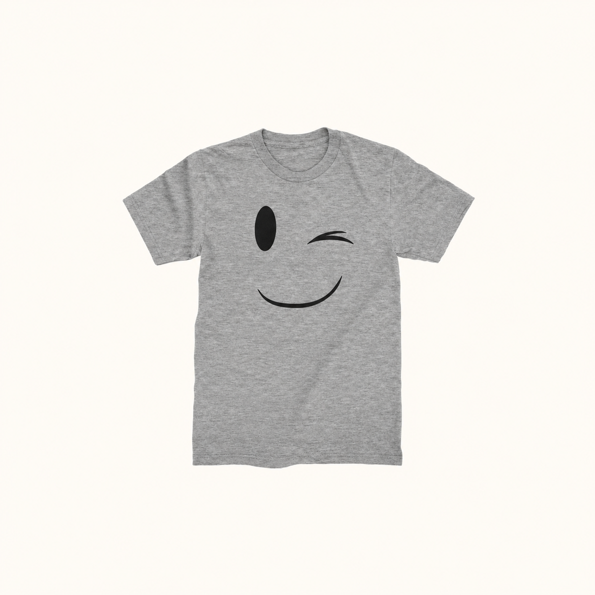 Centered heather grey men’s T-shirt with a complete black winking smile face design