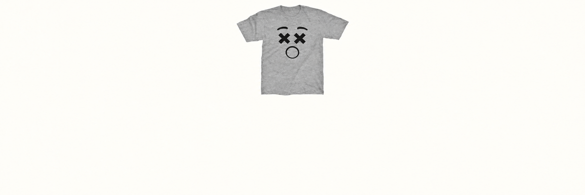 Heather grey men’s T-shirt with a complete black XX eyes reaction face, placed high against a plain background