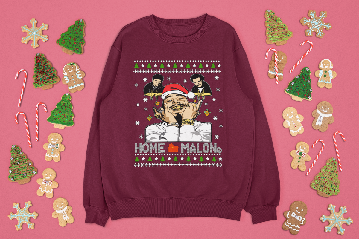 Maroon Home Malone crewneck sweatshirt arranged with Christmas cookies and candy canes