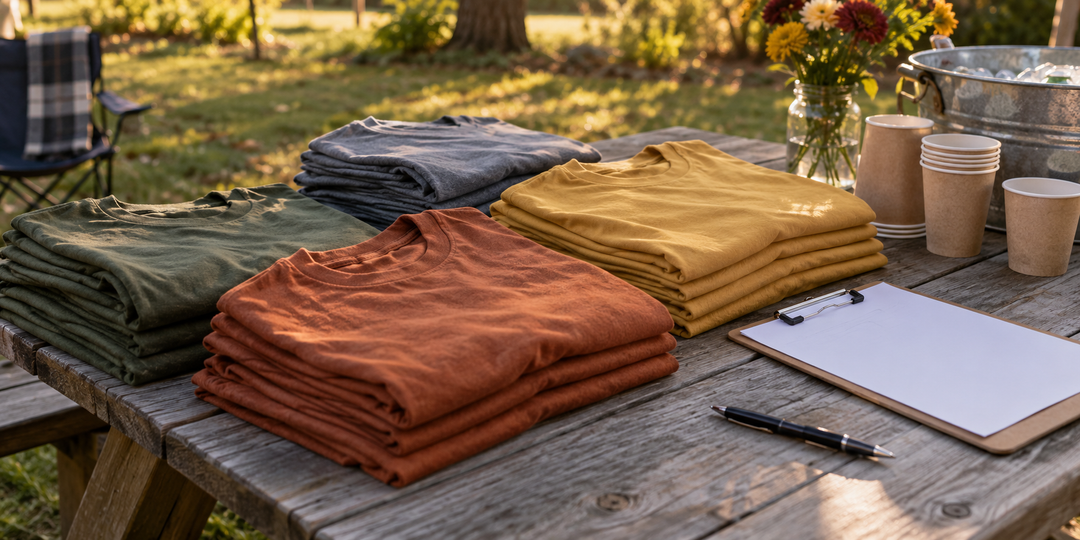 Folded blank autumn-color T-shirts beside a clipboard and paper cups on a picnic table