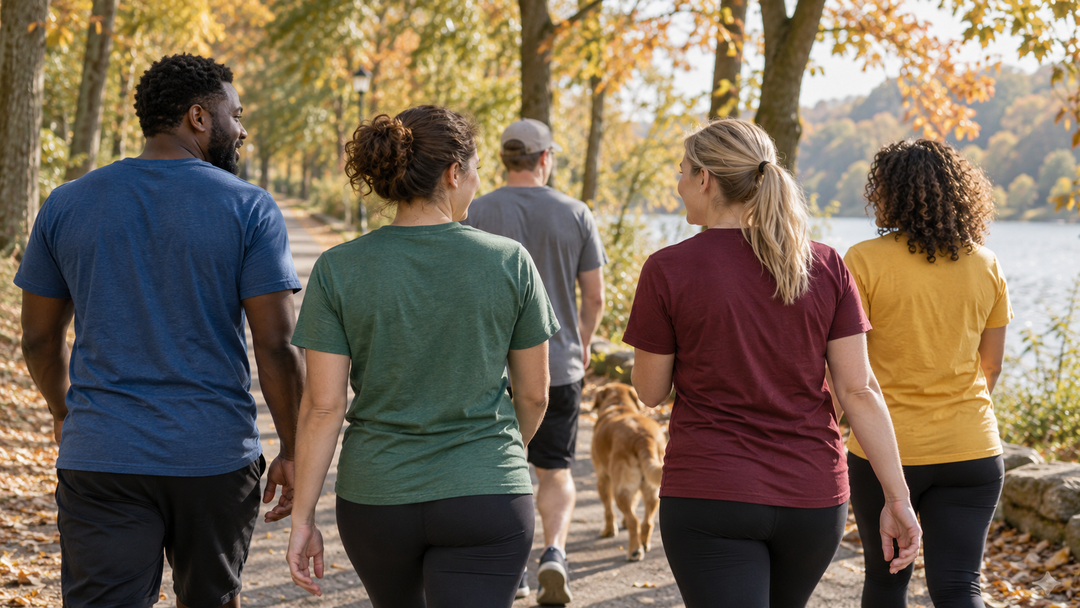 Five people in plain shirts walking together on a tree-lined park path in autumn