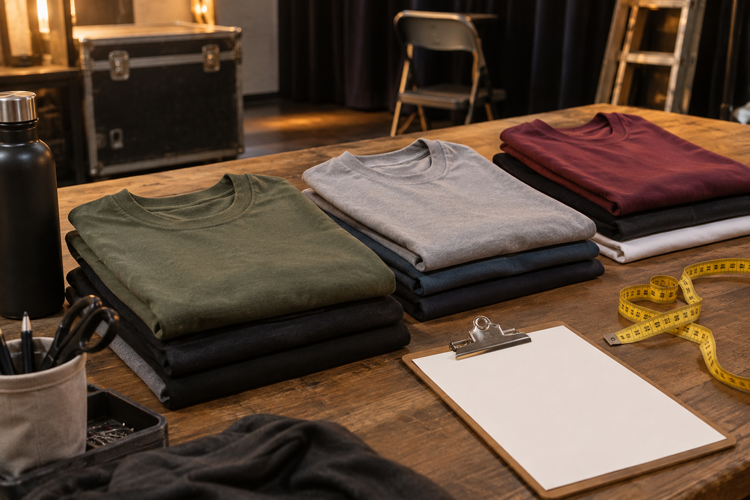 Folded blank shirts with a clipboard and measuring tape on a theater worktable