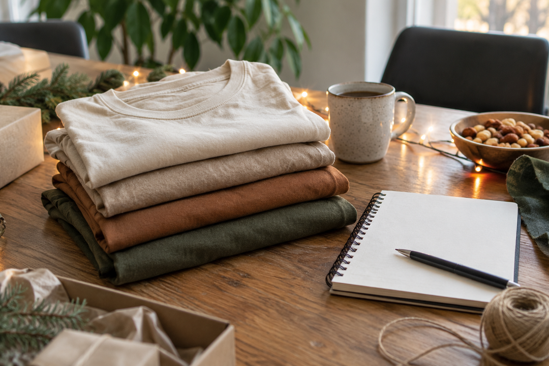 Folded blank shirts beside a notebook and string lights on a gathering table