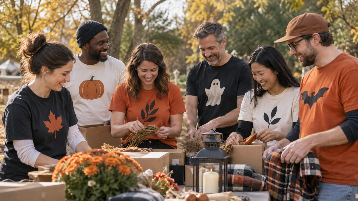 Volunteers in coordinated black, orange, and cream shirts preparing supplies for a fall fundraiser