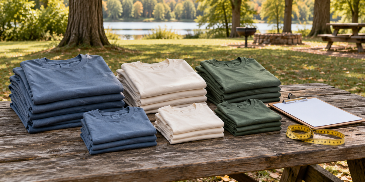 Stacks of blank adult and youth shirts with a clipboard on a park picnic table