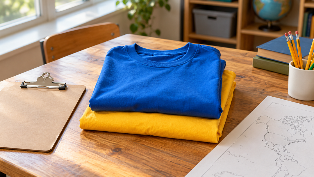 Folded blank blue and yellow T-shirts with a clipboard and pencils on a classroom table