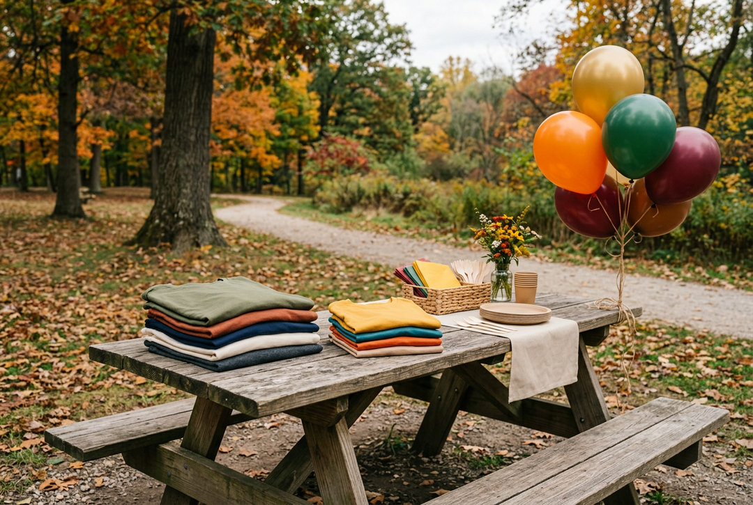 Folded colorful blank T-shirts and party supplies on a park picnic table