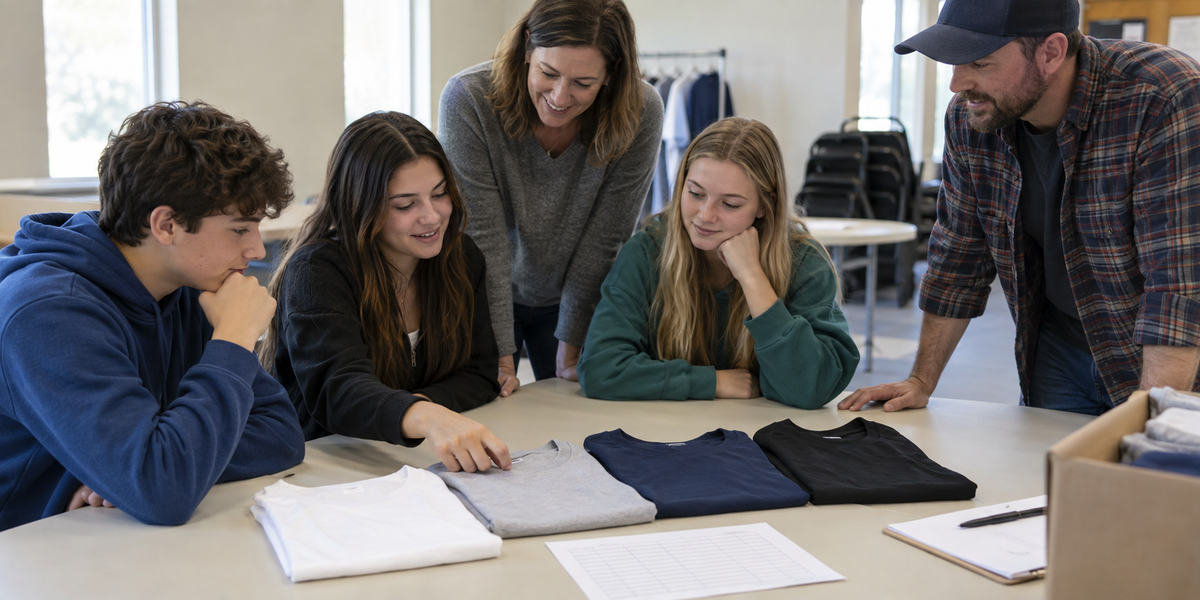 Students and adult helpers compare blank shirts while planning a school club order