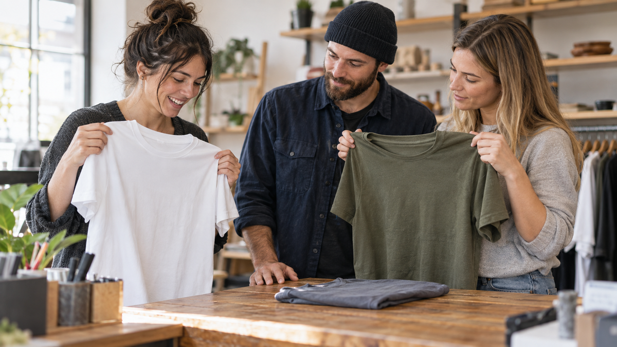 Three coworkers compare blank white and olive T-shirts at a shop counter while planning staff apparel