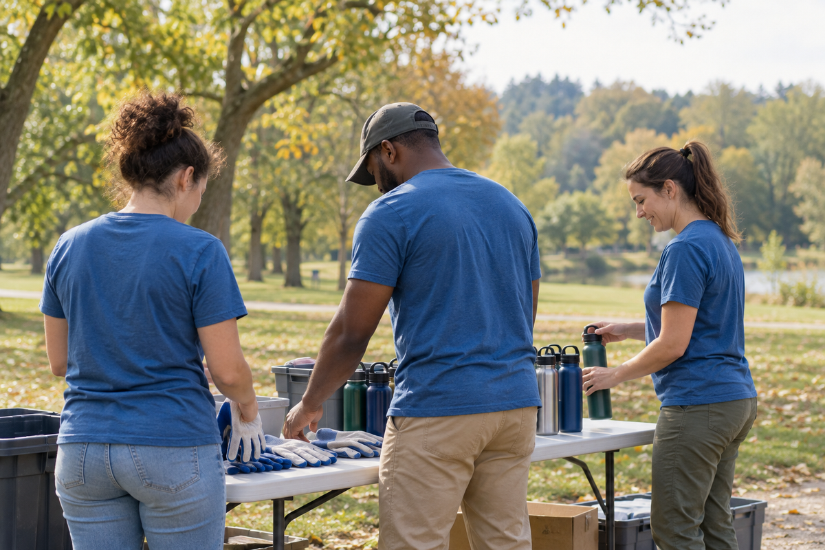 Three volunteers in blank blue shirts organize gloves and water bottles at a park table