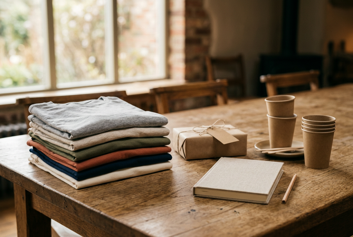 Folded blank T-shirts beside a wrapped gift, notebook, and cups on an indoor gathering table