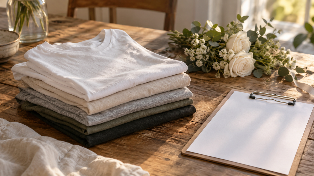 Stack of blank neutral-color T-shirts beside white flowers and a clipboard on a wooden table