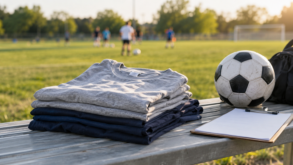 Folded blank youth and adult T-shirts beside a soccer ball and clipboard on a field sideline