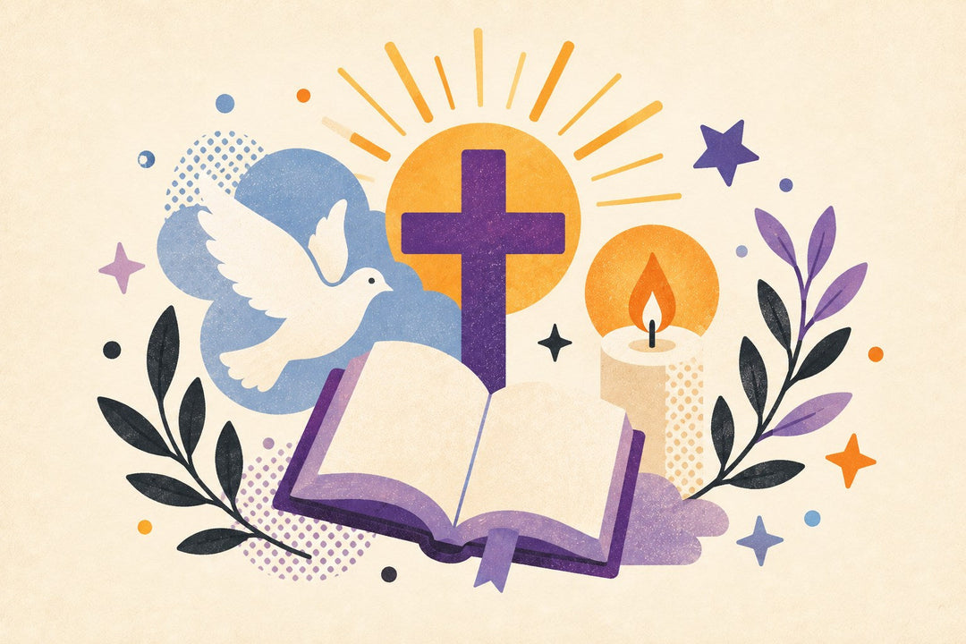 Faith-inspired apparel collection illustration with a cross, dove, open book, rays of light, and blank shirts.