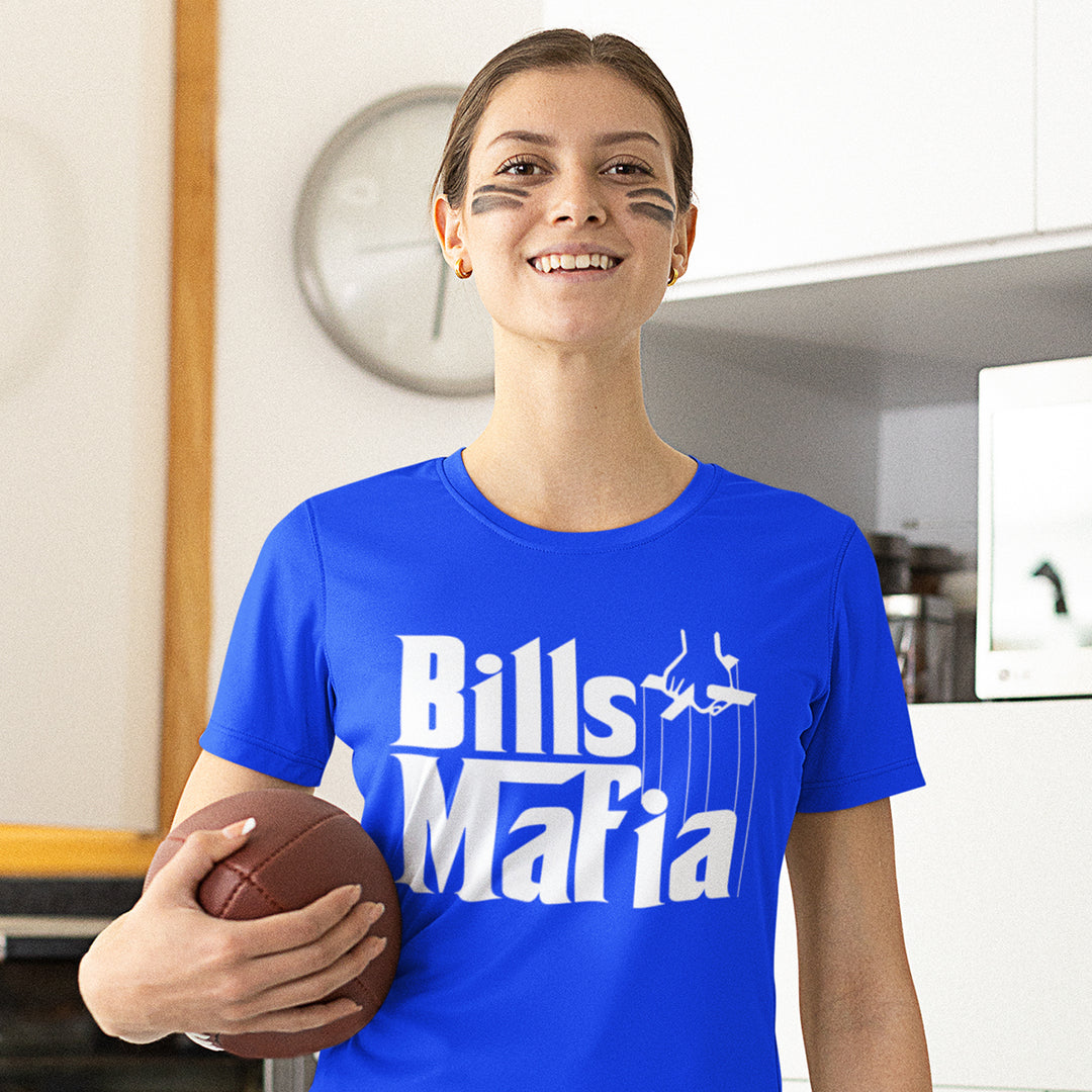 Buffalo Bills Mafia t-shirts and hoodies with unique fan designs displayed on models.