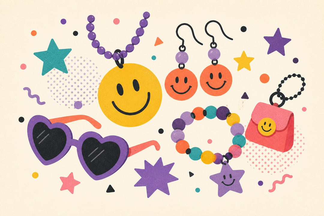 Smiley fashion accessories illustration with earrings, necklace, sunglasses, purse, and cheerful faces.