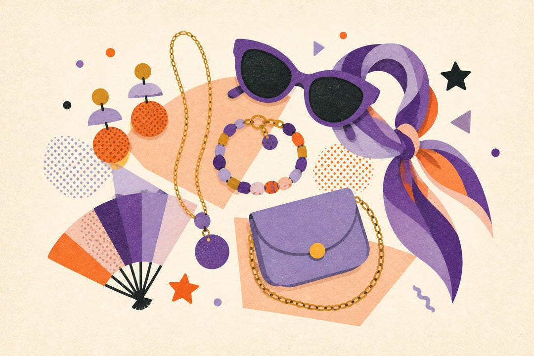 Jewelry and fashion accessories illustration with earrings, necklace, bracelet, sunglasses, scarf, purse, and folding fan.