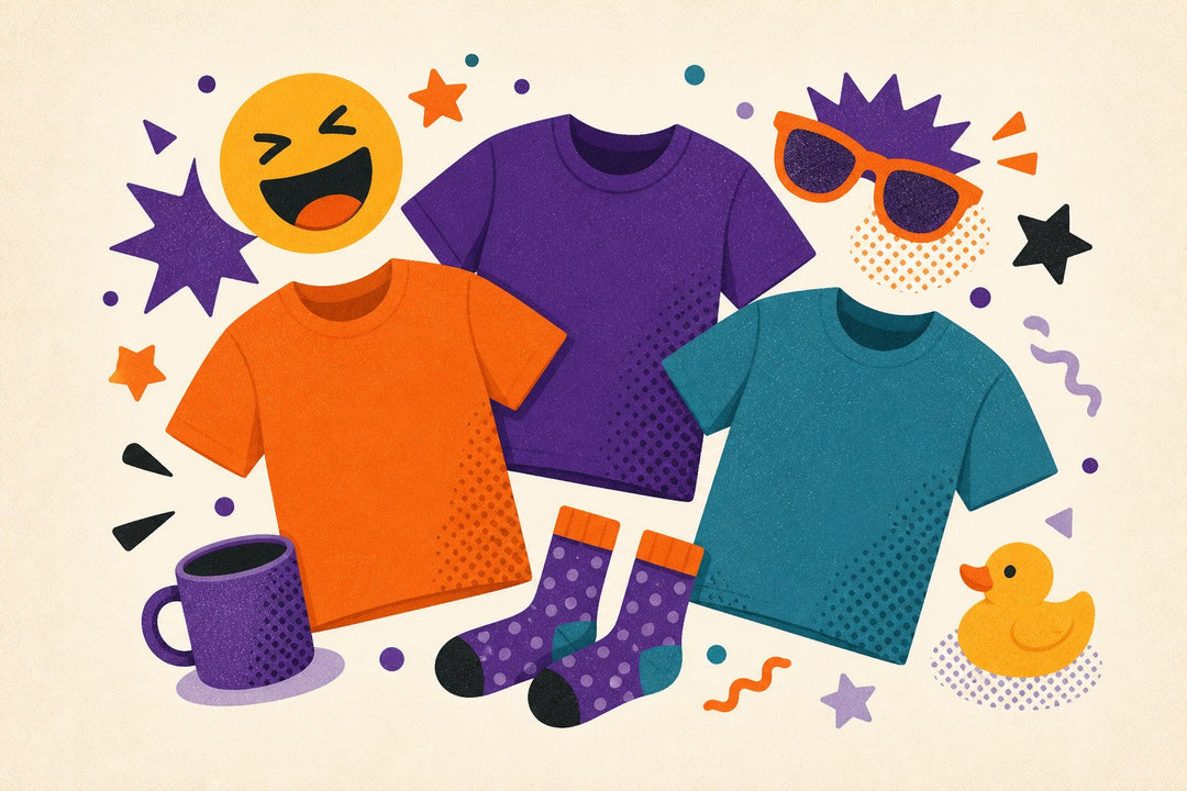 Funny men's T-shirt collection illustration with blank shirts, laughing faces, mustache, coffee mug, and playful shapes.