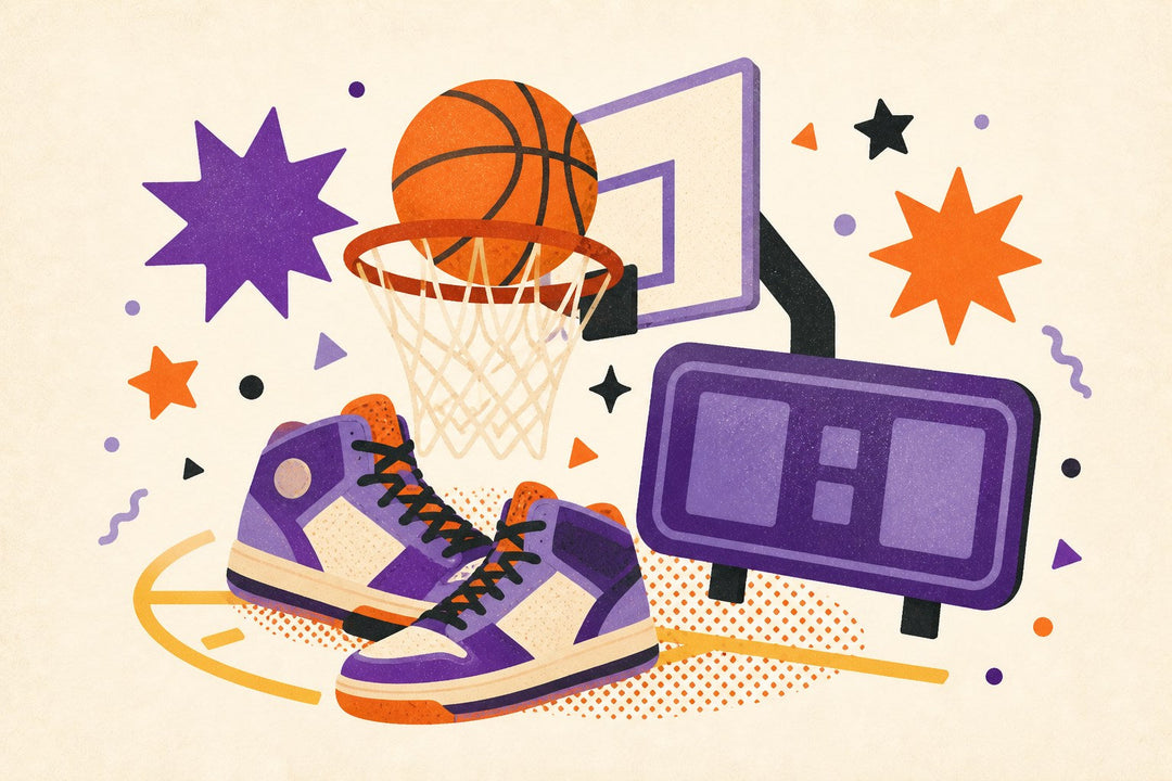 Basketball fan apparel collection illustration with a ball, hoop, sneakers, pennants, and blank shirts.