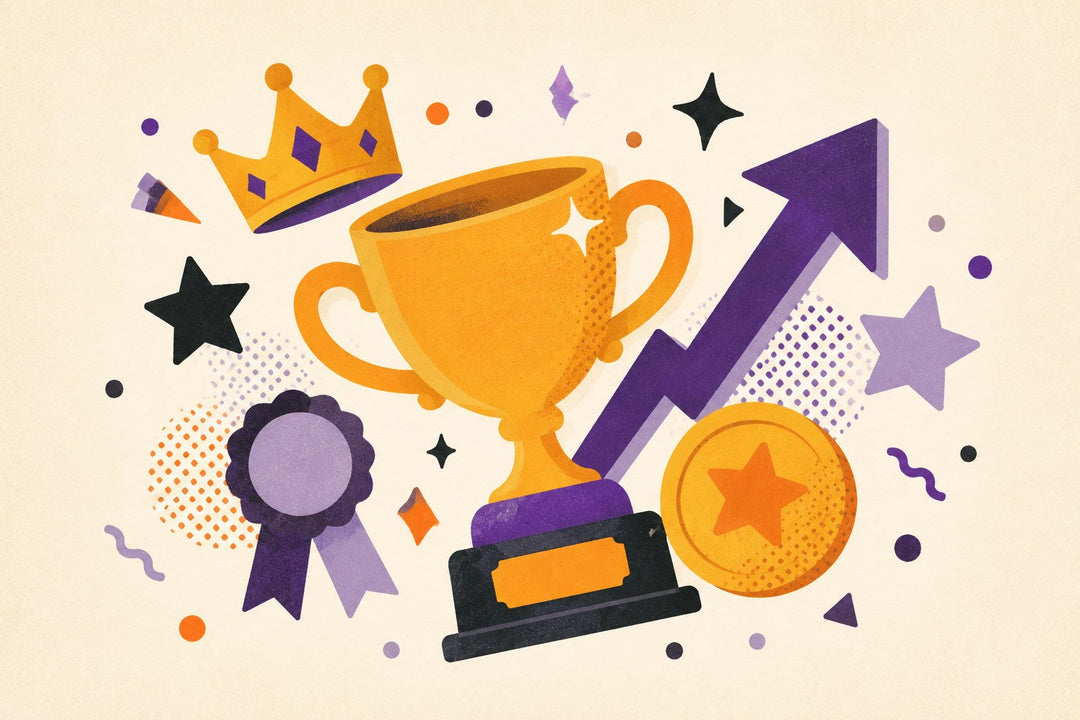 Best-selling T-shirt collection illustration with stacked shirts, stars, an upward arrow, and a trophy.