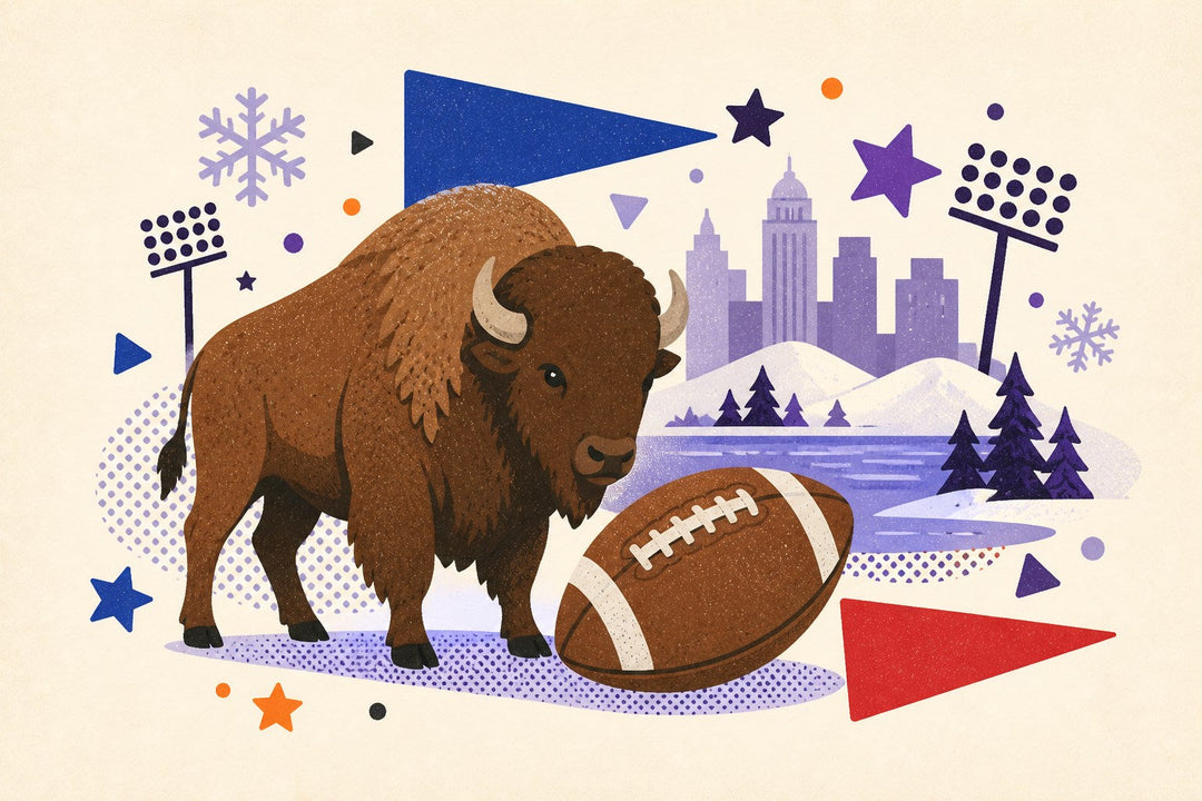 Buffalo football collection illustration with a generic football, blank jersey, buffalo silhouette, snow, and cheering pennants.