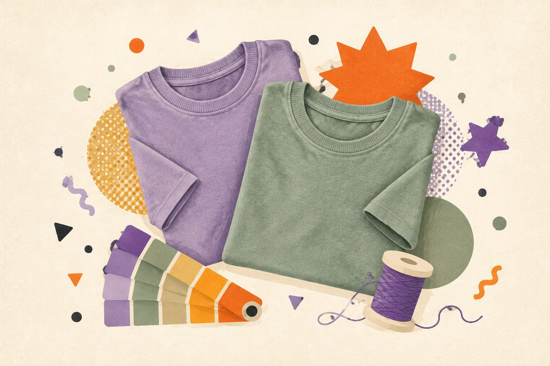 Vintage-wash unisex T-shirt collection illustration with soft shirts, folded stacks, sun, and retro shapes.