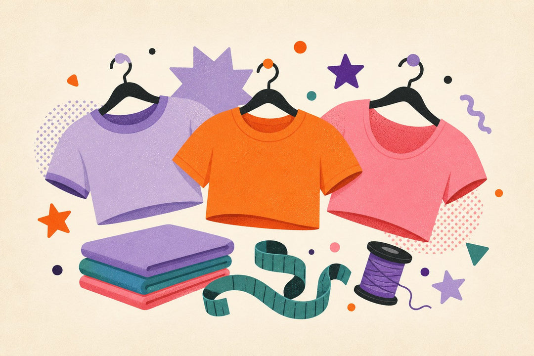 Cropped T-shirt collection illustration with several blank crop tops, sunglasses, sun, and fashion accents.