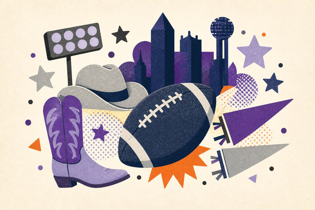 Dallas football collection illustration with a generic football, blank jersey, city skyline, star shapes, and pennants.
