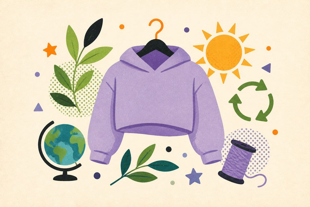 Eco-conscious cropped hoodie collection illustration with blank hoodies, leaves, recycling arrows, and sun shapes.