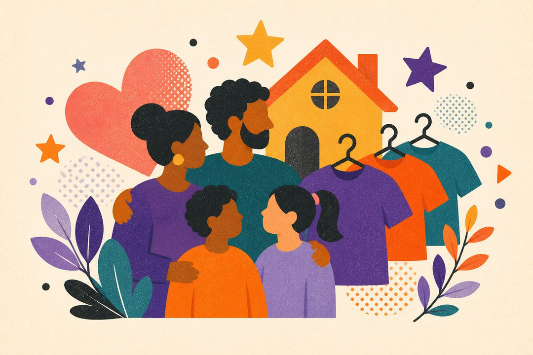 Family clothing collection illustration with coordinated blank shirts and hoodies in adult, youth, toddler, and baby sizes.