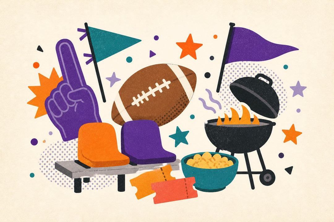 Football game-day apparel illustration with a generic ball, blank shirts, tailgate grill, foam finger, and pennants.