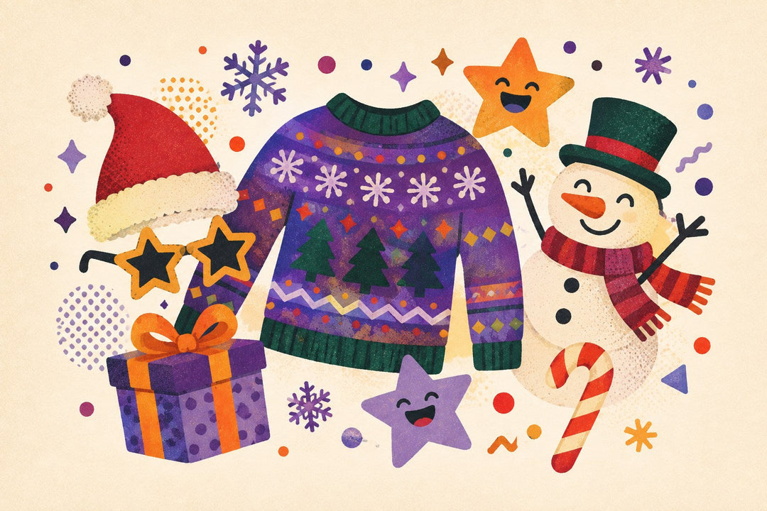 Funny Christmas apparel illustration with blank shirts, festive sweater, Santa hat, gifts, ornaments, and playful shapes.