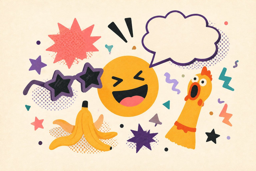 Funny meme T-shirt collection illustration with blank shirts, laughing faces, speech bubbles, smartphone, and stars.