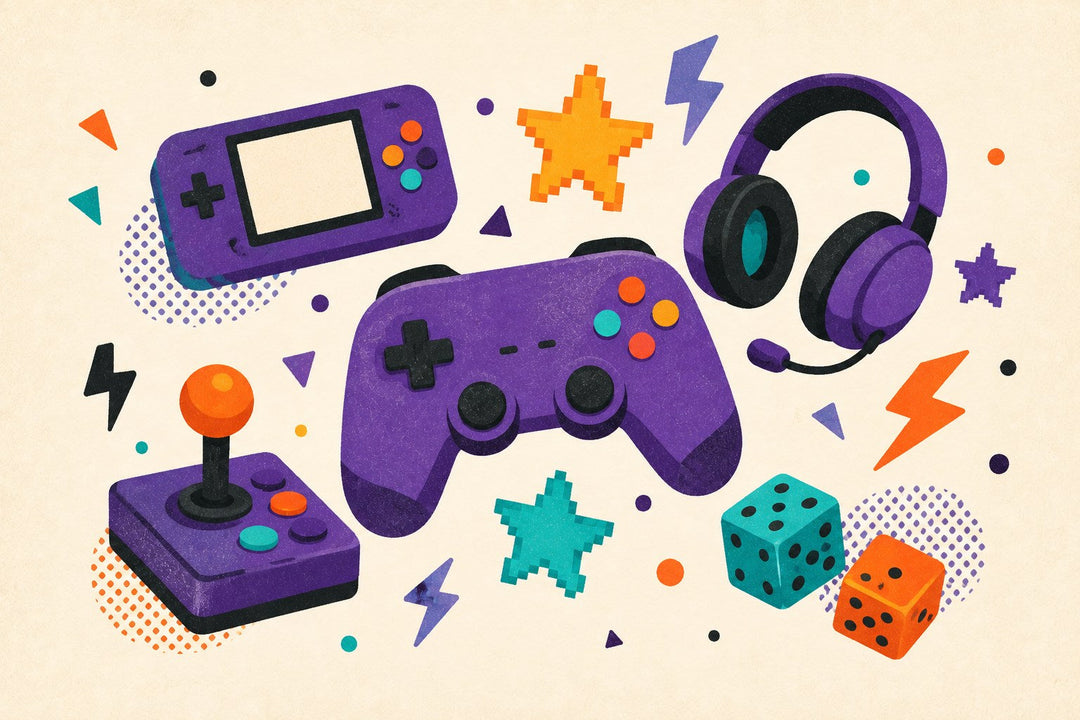 Gaming apparel collection illustration with blank shirts, controller, handheld console, headset, and pixel-style shapes.