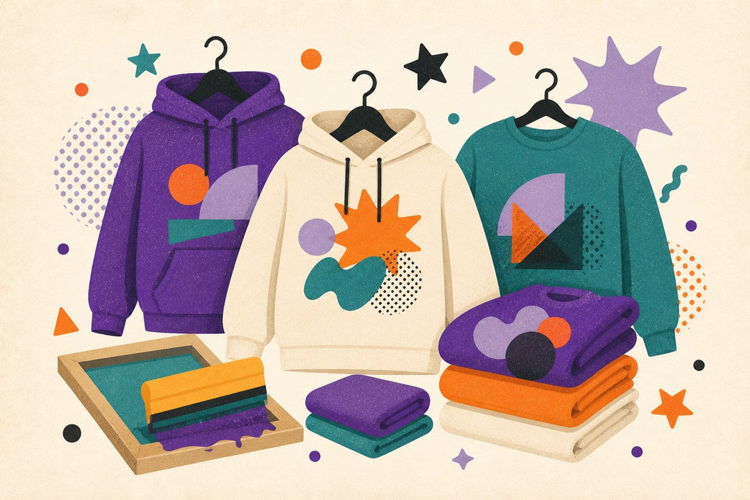 Hoodie and sweatshirt collection illustration with blank pullovers, zip hoodie, folded fleece, and colorful accents.