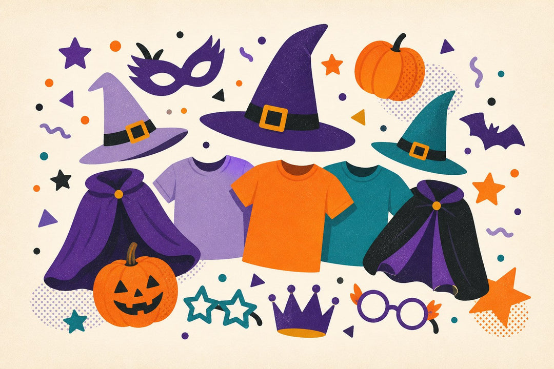 Large-group Halloween costume illustration with coordinated blank shirts, masks, hats, pumpkin, and party accents.