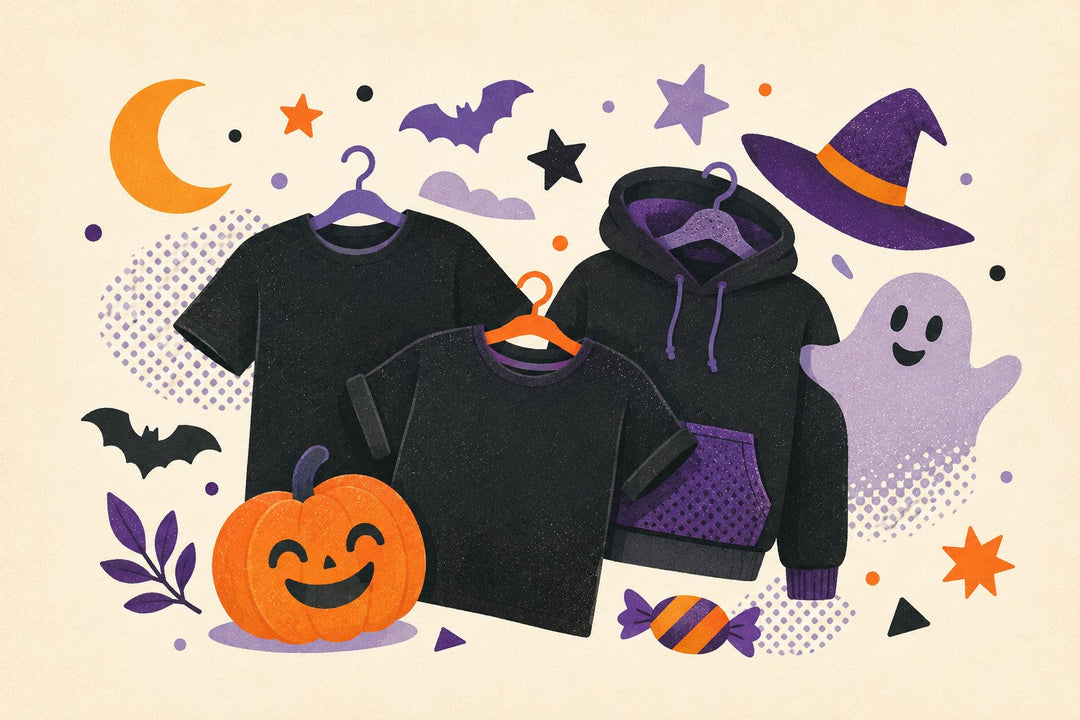 Halloween apparel collection illustration with blank shirts, costume cape, witch hat, pumpkin, candy, and bats.