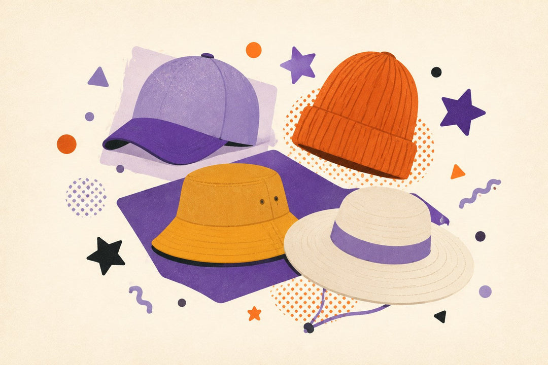 Hat collection illustration with a baseball cap, knit beanie, bucket hat, and sun hat.