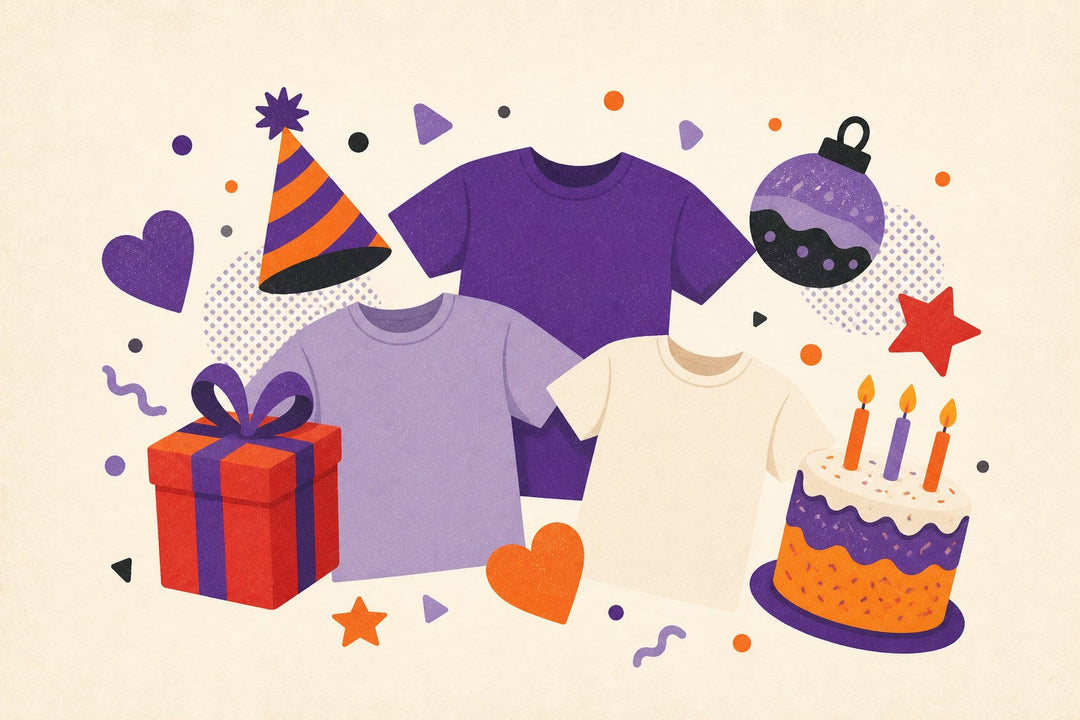 Holiday and occasion T-shirt collection illustration with blank shirts, gift, party hat, cake, heart, and ornament.