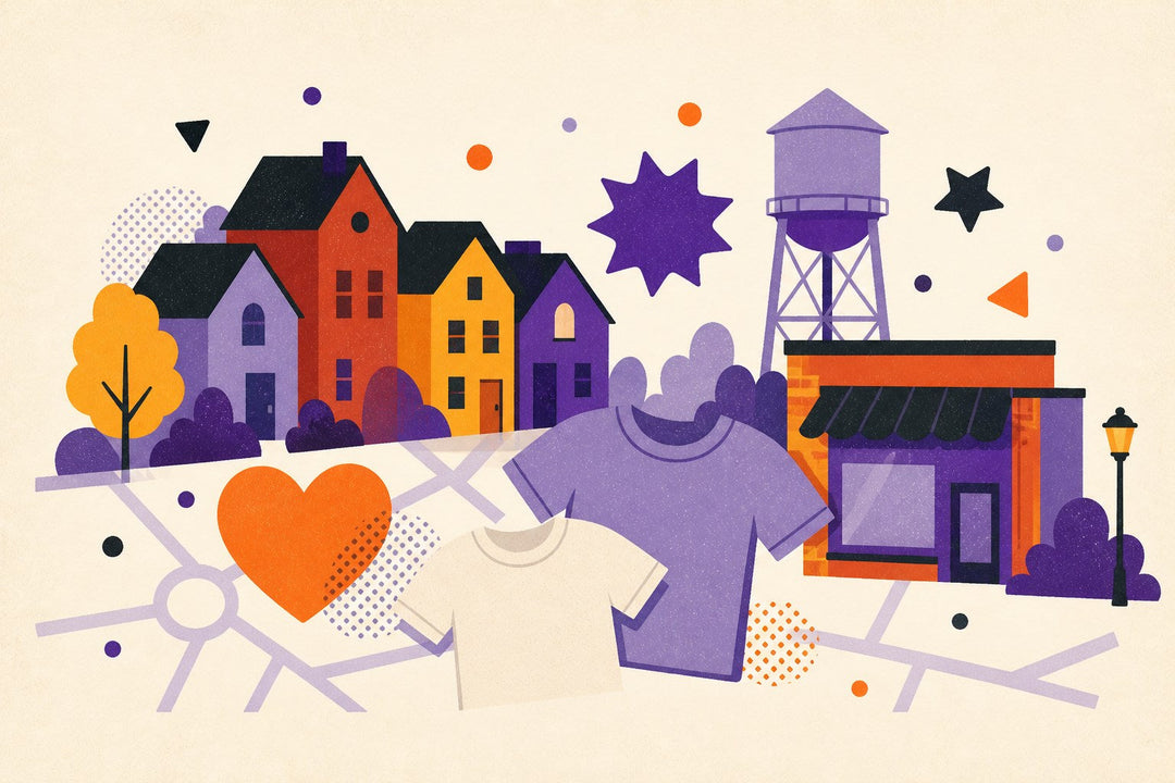 Hometown pride apparel illustration with row houses, a local storefront, water tower, map lines, and blank shirts.