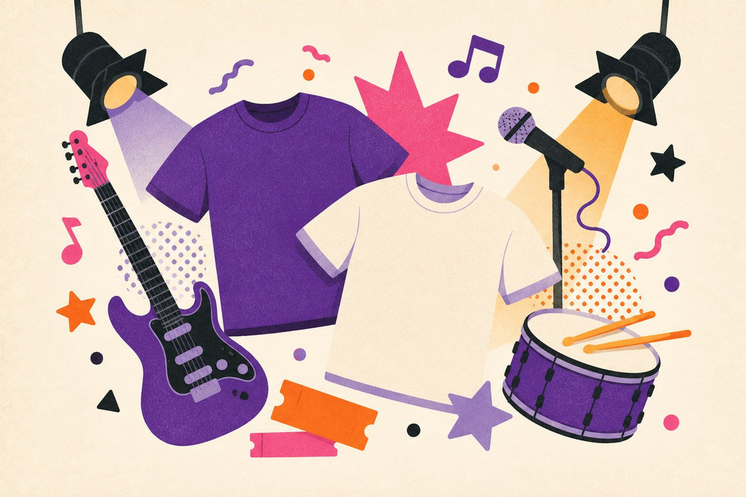 Music and concert apparel illustration with blank T-shirts, guitar, microphone, drum, stage lights, and tickets.
