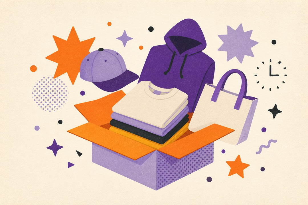 New arrivals collection illustration with fresh blank apparel, tote, cap, open delivery box, clock, and sparkle shapes.