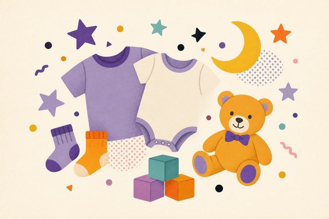 Baby and toddler clothing illustration with blank onesies, toddler shirt, socks, blocks, moon, stars, and toy bear.