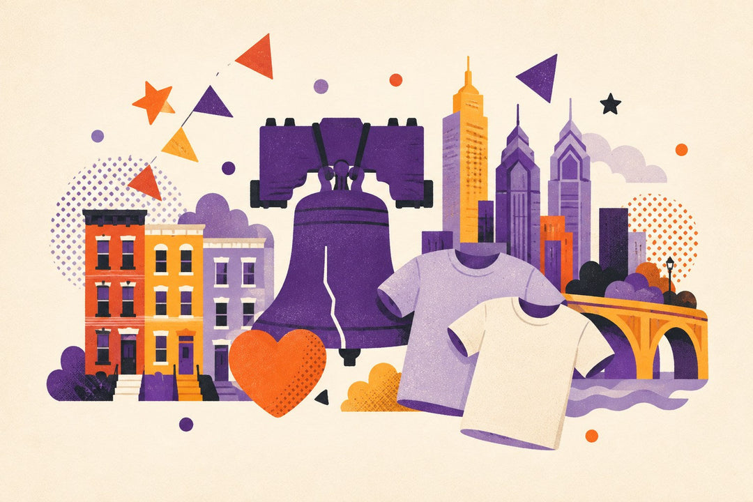 Philadelphia pride apparel illustration with the Liberty Bell, row houses, bridge, skyline, pennants, and blank shirts.