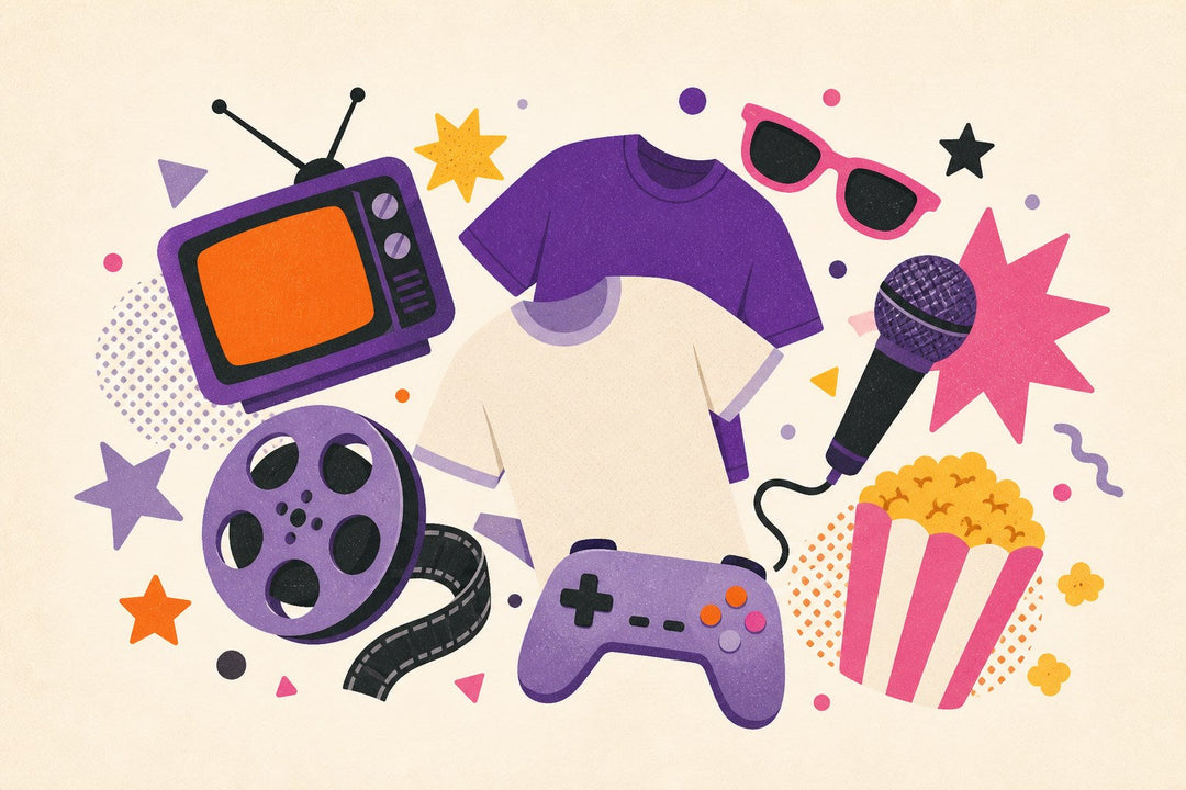 Pop culture apparel illustration with blank shirts, retro television, film reel, game controller, microphone, sunglasses, and popcorn.