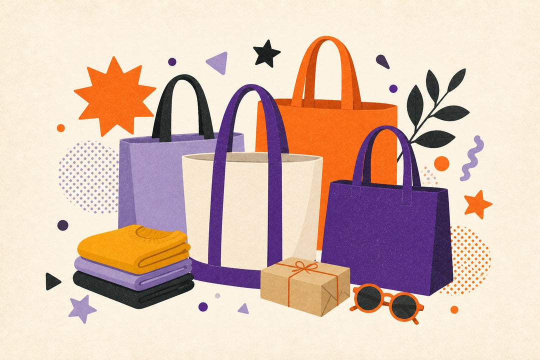 Shopping tote bag collection illustration with reusable blank totes, folded apparel, parcel, sunglasses, and leaves.