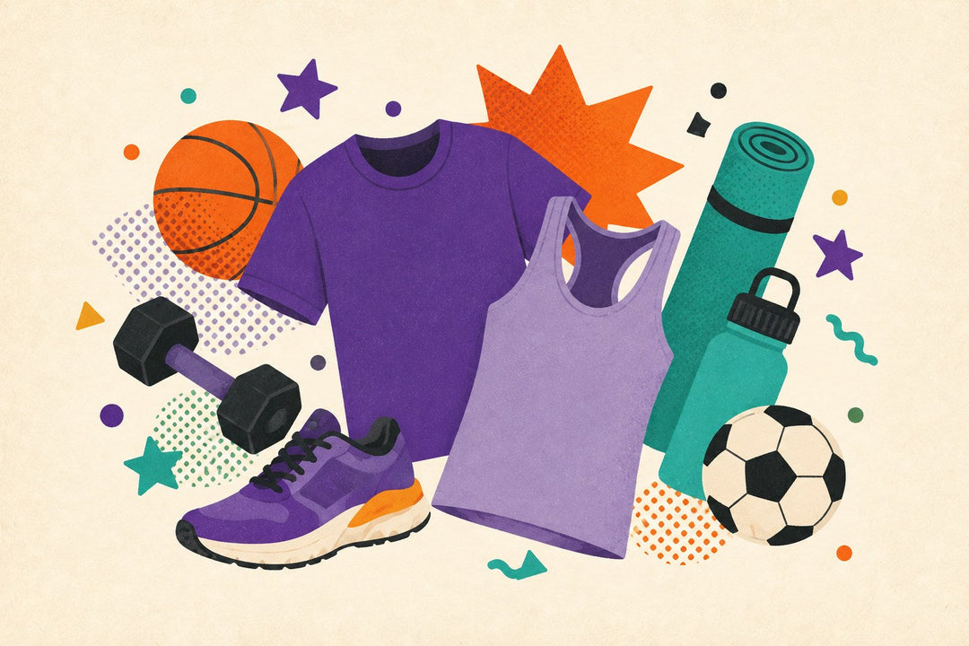 Sports and fitness apparel illustration with blank athletic shirts, dumbbell, running shoe, basketball, soccer ball, yoga mat, and water bottle.