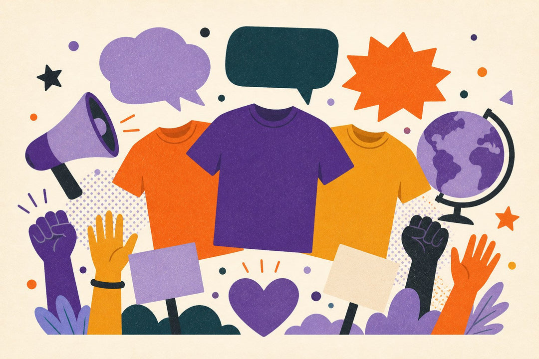 Statement and cause apparel illustration with bold blank shirts, speech bubbles, megaphone, raised hands, heart, globe, and placards.